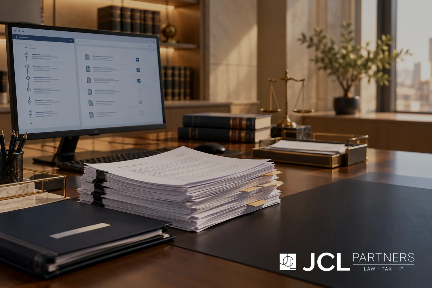 온라인 대화 증거와 법률 검토를 상징하는 JCL 사무실 이미지